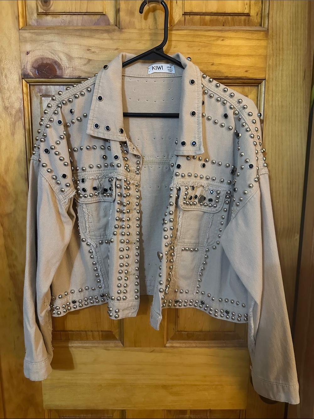 KIWI Beige Studded Denim Jacket with Silver-Tone Accents